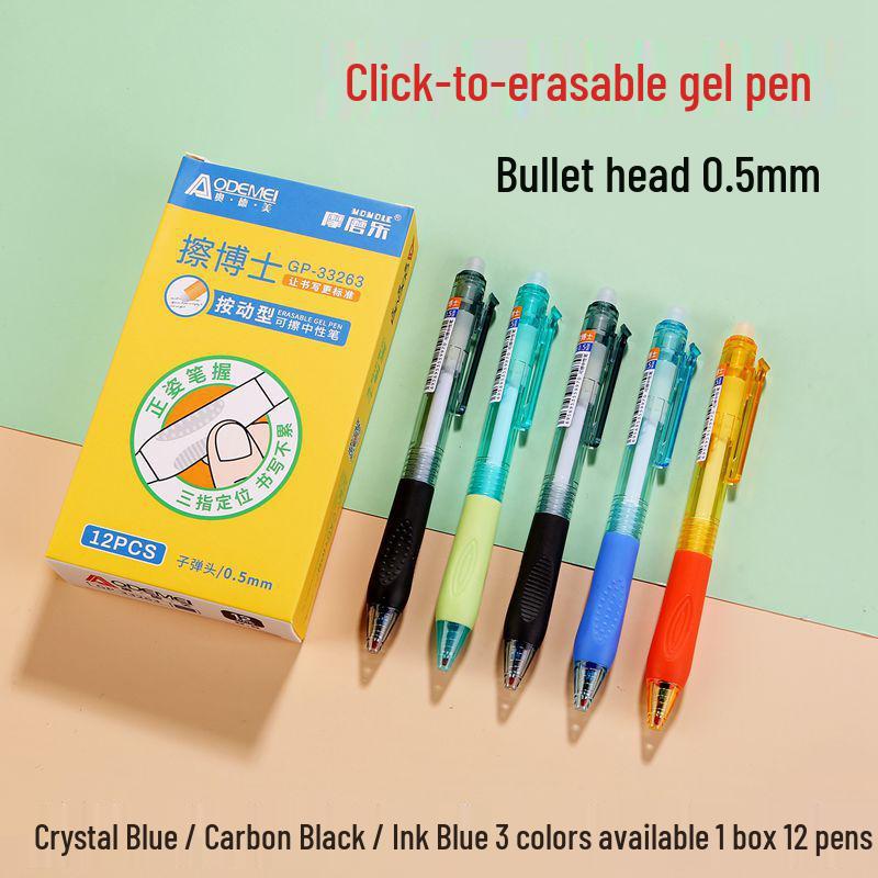 Thick Barrel Erasable Click Pen 0.5mm Bullet Tip, Blue/Black