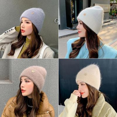 Autumn and Winter Rabbit Fur Knitted Hat Net Letter Woolen Hat Fashion Wild Warm Hat Autumn and Winter Ear Protection Hat