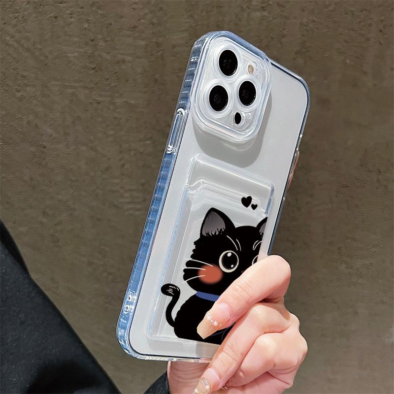 Cartoon Black Cat Printed Soft TPU Clear Shockproof Casing Protective Cover Transparent Full Back Case with 1 Card Slot Holder