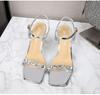 Rhinestone Shoes Stiletto Square Toe Strap Stiletto Slippers