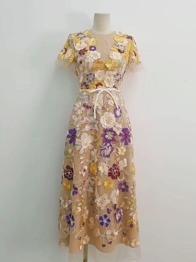 Colorful Flower Embroidery V-Neck Short-Sleeve Dress by Vietnamese Designer
