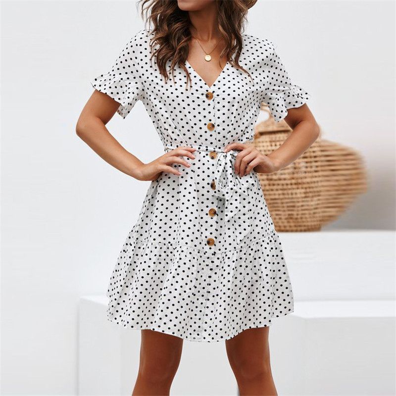 

Polka Dot Print Loose Lace-up Flared Short Sleeve Dress White L