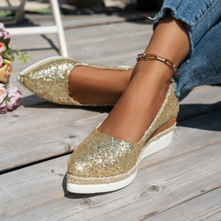 Casual Large Size Sequined Platform Women's Shoes Autumn New Women's Comfortable Soft Sole Wedge Single Shoes Women