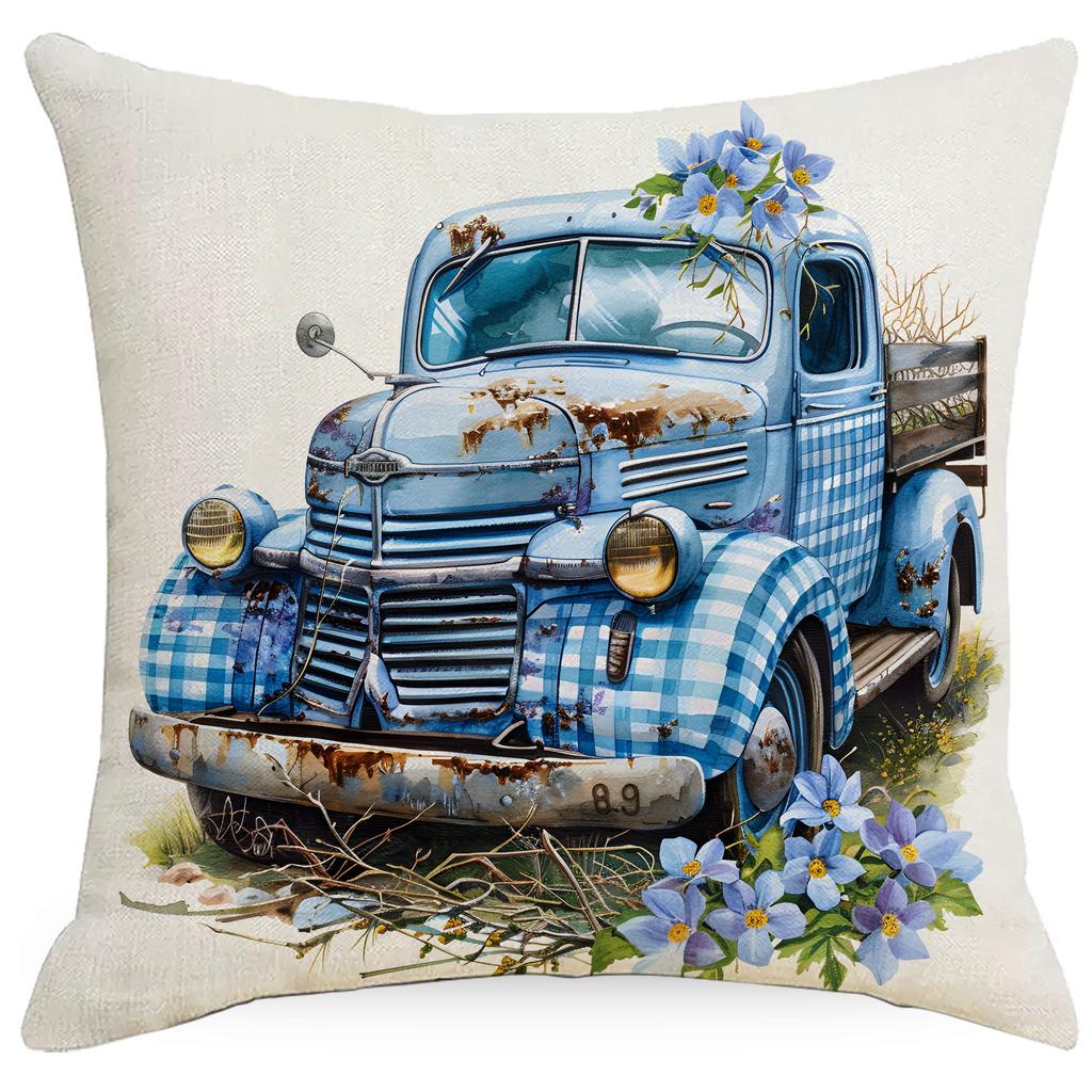 New Blue Plaid Easter Pillowcase Cushion Cover Cute Rabbit Truck Animal Pillowcase