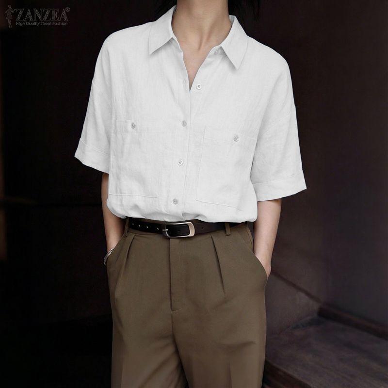ZANZEA Women Casual Turn Down Collar Summer Half Sleeve Blouse