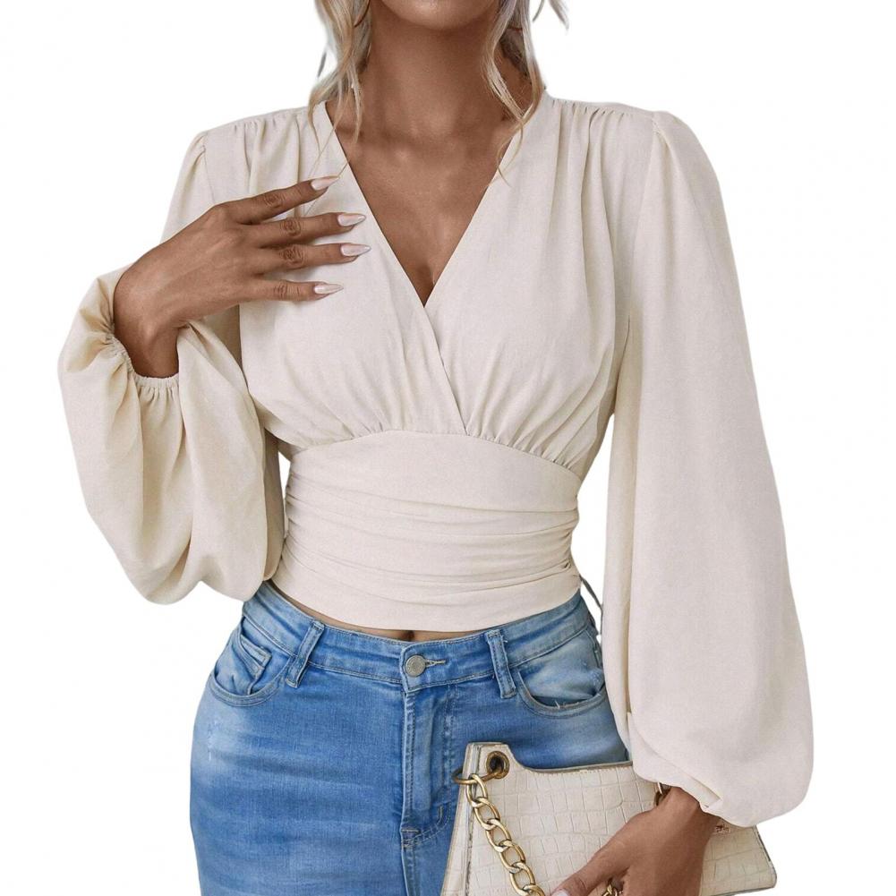 

Элегантная офисная рубашка для женщин с плиссированной талией и рукавами-фонариками, V-образным вырезом. Мягкая, удобная для повседневного ношения, практичная. S бежевый