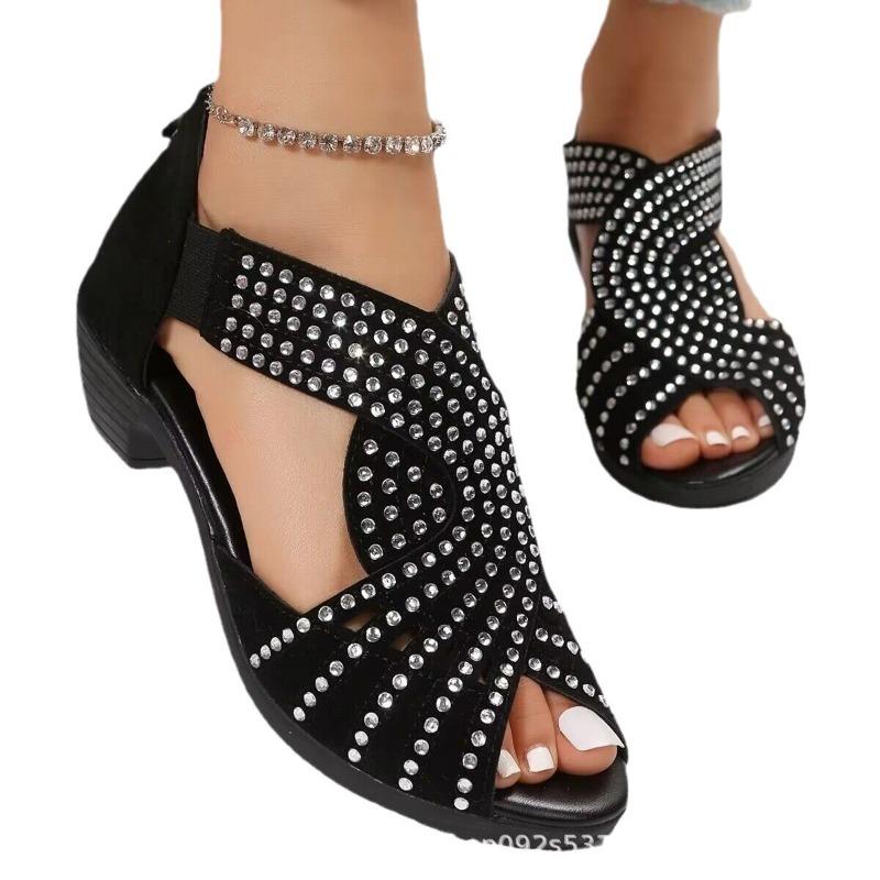 Summer New Women's Peep Toe High Heel Sandals Cross Rhinestone Back Zipper Roman Plus Size Sandals