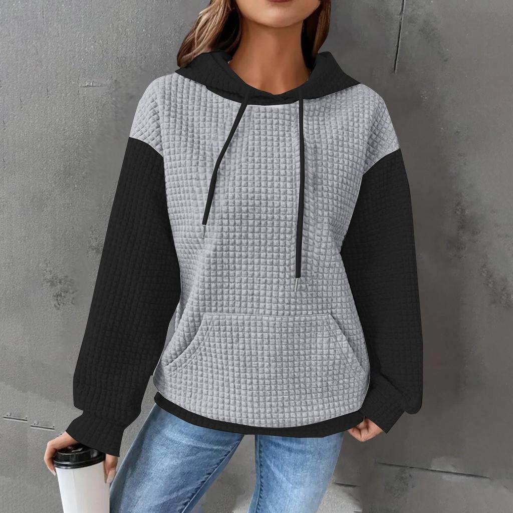 Top a manica lunga con cappuccio, stile casual, a blocchi di colore, a quadri, con coulisse e tasca