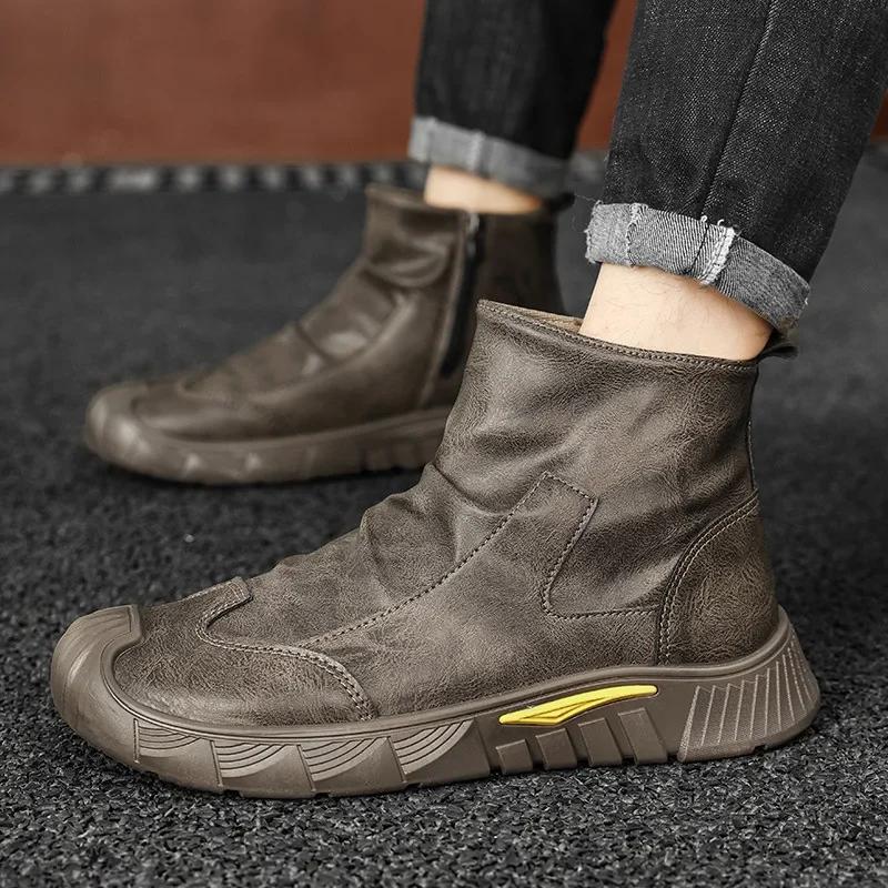 New Retro Men's Ankle Boots with Zipper, Casual High Top Men's Hiking Boots, Classic Leather Boots, Fashionable Motorcycle Shoes