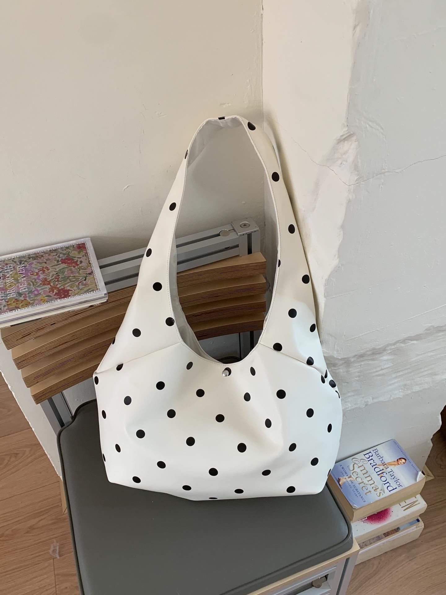 Корейская ретро сумка-тоут в горошек 2025 – Модная женская сумка через плечо большой вместимости белый