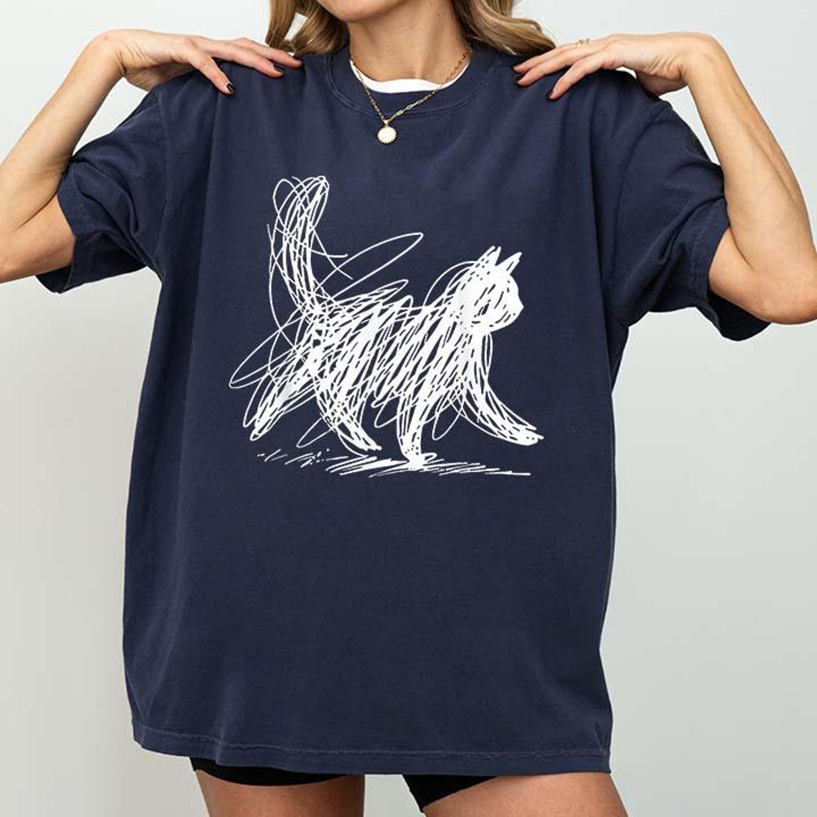 Scribble Cat Minimal Line Art Japanese T-Shirt S
