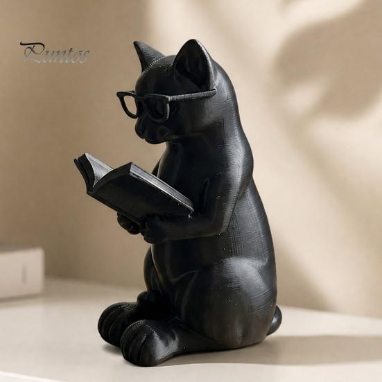 Décoration Chat de Bureau Figurine de Lecture Imprimée en 3D, Ornement Décoratif avec Base Lestée Antidérapante, Statue Intellectuelle à Texture Haut de Gamme Lunettes