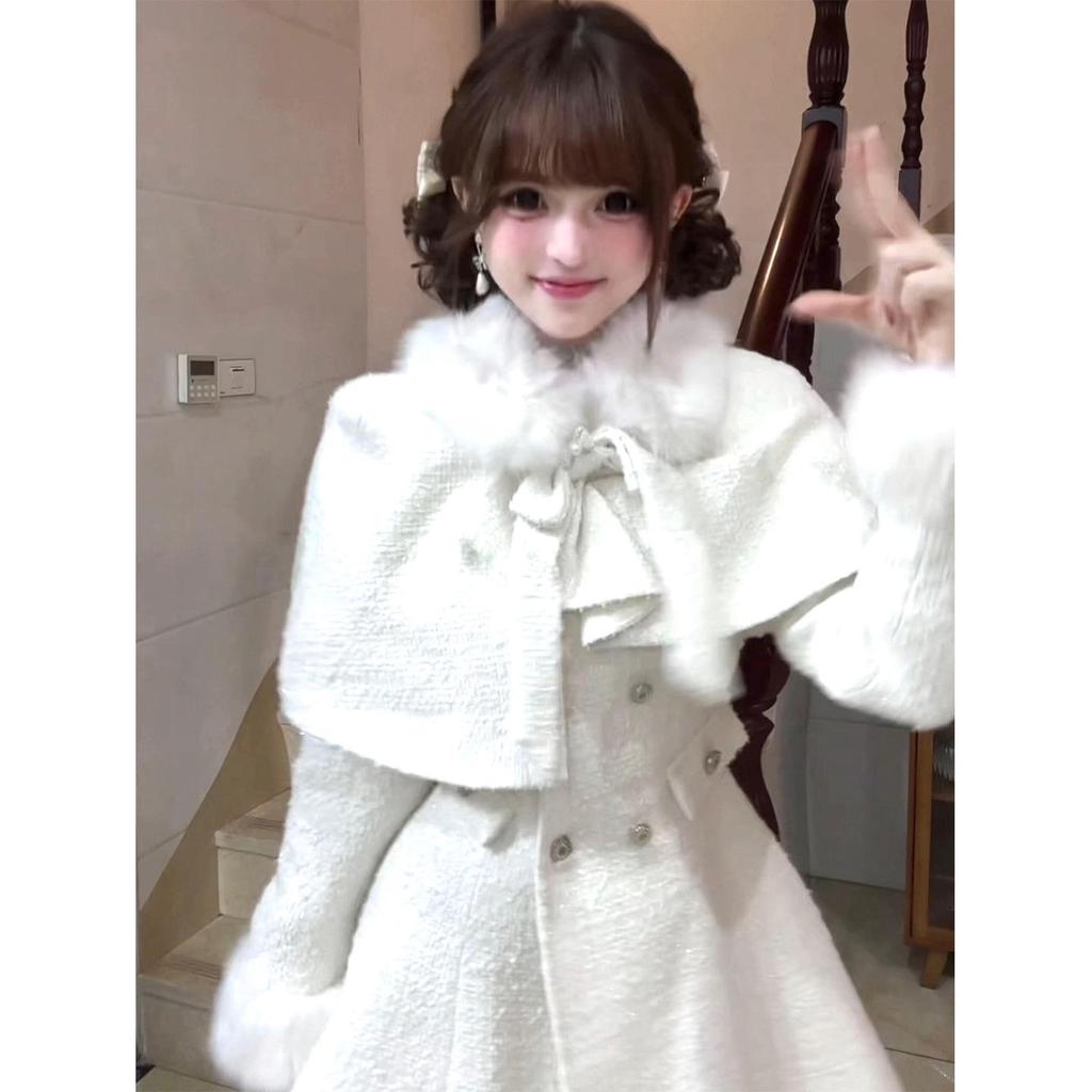 Elegant Miss White Women's Bow Waist-Cinching Cloak Dress Set - Spring/Autumn Two-Piece