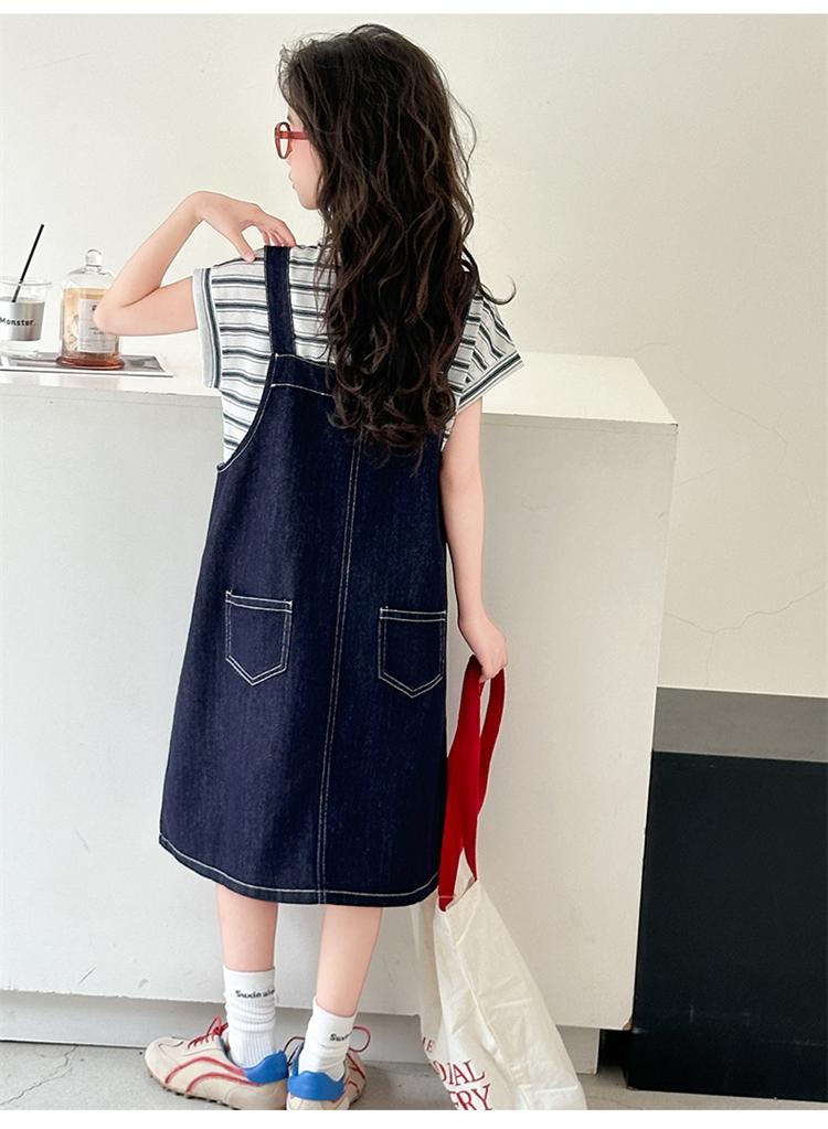 Girls' Cowboy Strap Skirt Set 2026 Summer Korean Edition Striped Short Sleeve Two Piece Set Girls' Casual Dress