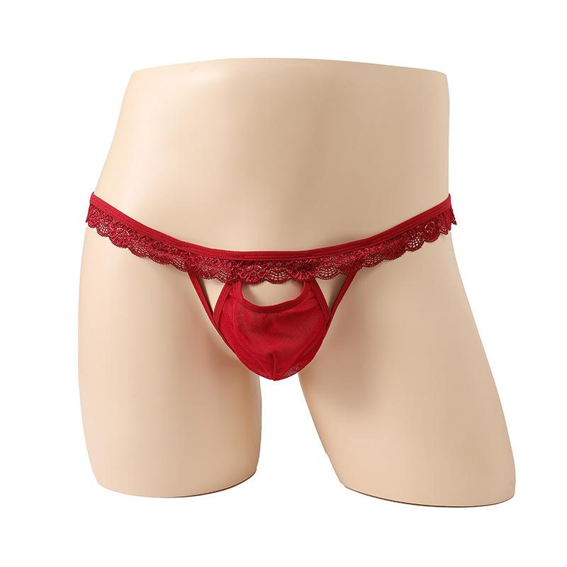 Men'S Sexy Low Rise T-Back Thong G-String Hollow Out Bulge Pouch Panties Lace Trim Belt Sissy Lingerie Naughty Male Nightwear