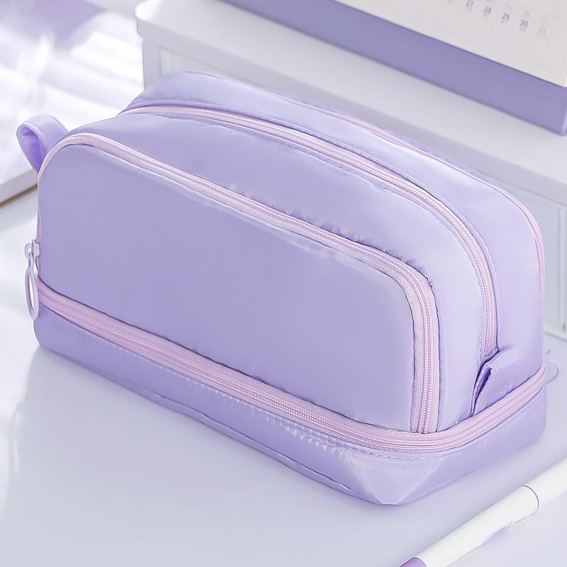 1pcs Dual-side Open Pen Bag Pencil Case 4 Compartments With Zipper & Portable Handle Storage Pouch for Stationery