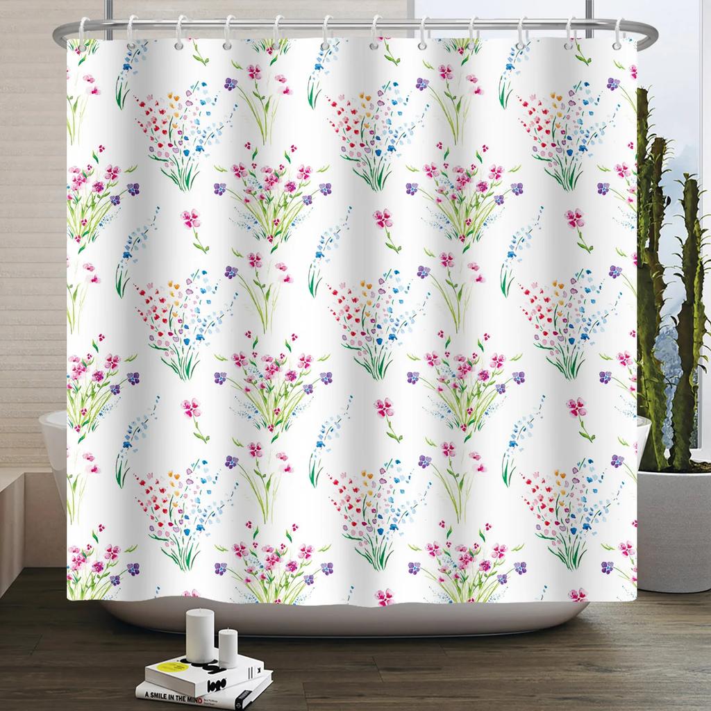 Fresh Flowers Print Shower Curtain Small Floral Home Bathroom Decoration Bath Curtains Waterproof Polyester Fabric With 12 Hooks