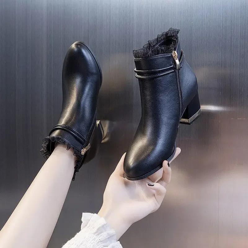 Stiefel Winter Beige Stiefeletten Dicke Ferse Schuh Mittelhoher Absatz Kurzer Stiefel Kristall Botas Leder Elegant Frau Schuhe mit Absatz