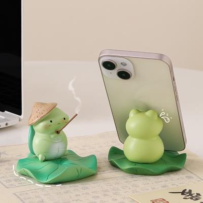 Frog/Tortoise Incense Stick Holder with Lotus Leaf Phone Holder Cute Resin Desk Ornament for Home Office Table Shelf Decor