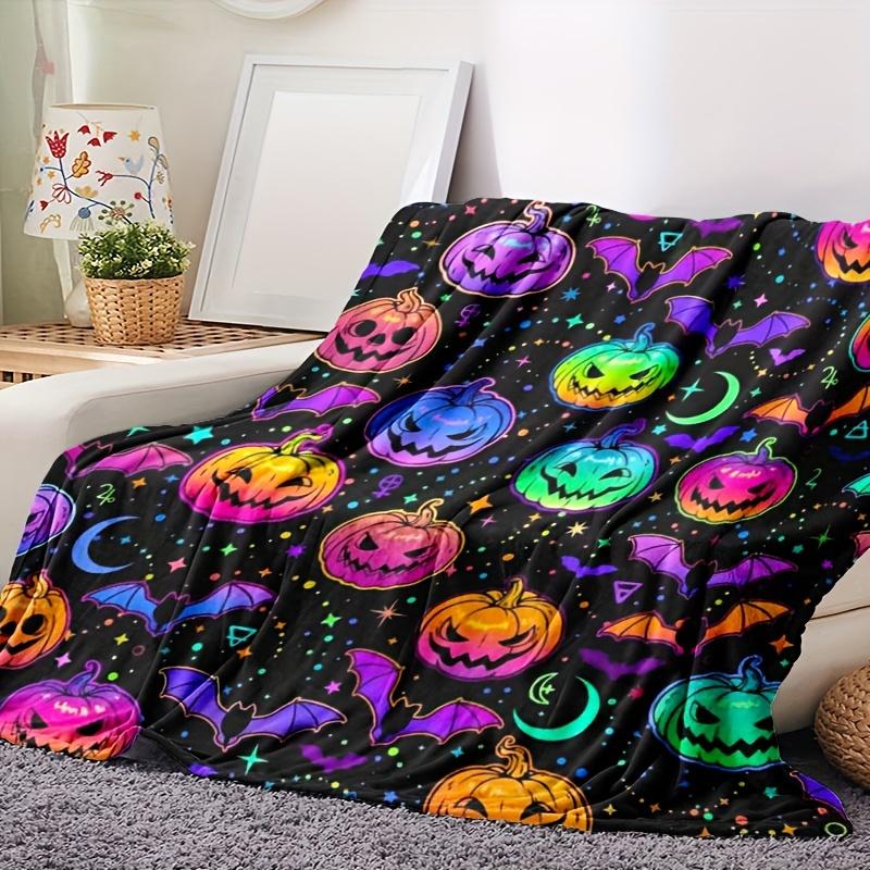Vibrant Halloween Flannel Blanket - Soft Warm All-Season Throw with Pumpkin Bat Moon Star Print, Lightweight Portable for Office