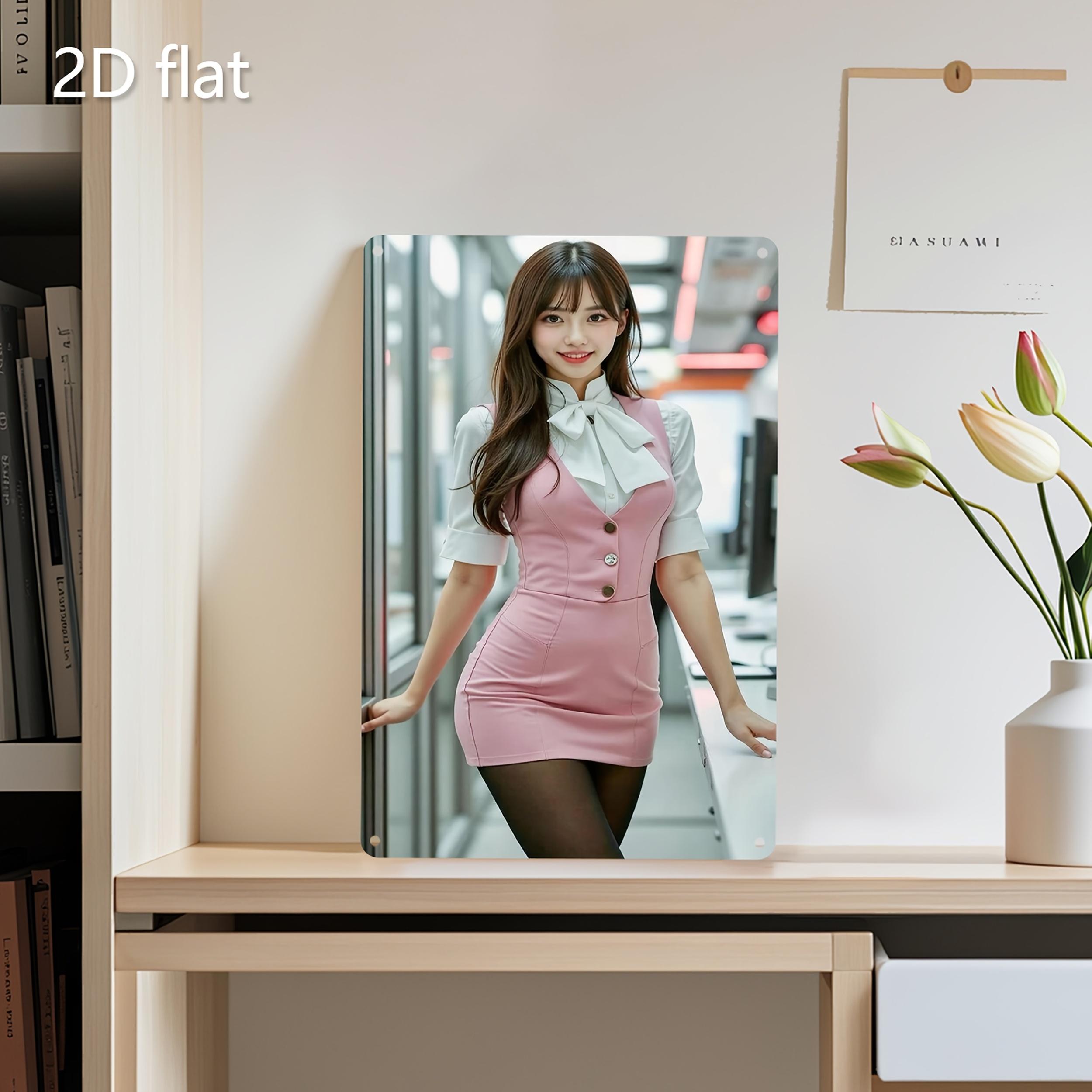 

HD Metal Tin Sign Professional Asian Woman in Pink Office Dress with White Bow Posing in Modern Office Vintage Wall Art Decor fo 20x30cm（7.8x11.8inch）