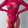 European and American Mesh Color Block Outerwear & Long Sleeve Camisole Bodysuit Lingerie Set for Women