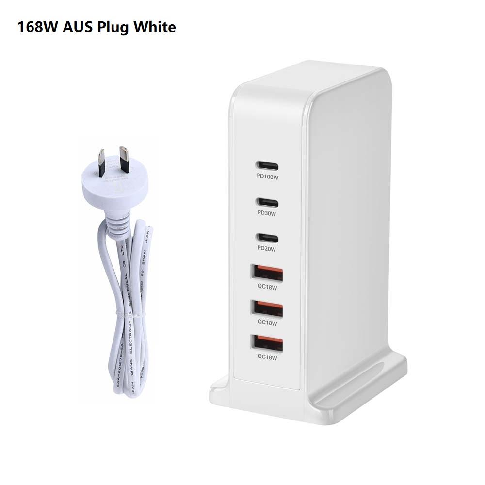 200W 168W stolní GaN rychlonabíječka PD 6 portů USB typu C USA EU AUS UK adaptér pro mobilní telefony a notebooky, nabíjecí dokovací stanice, stojan