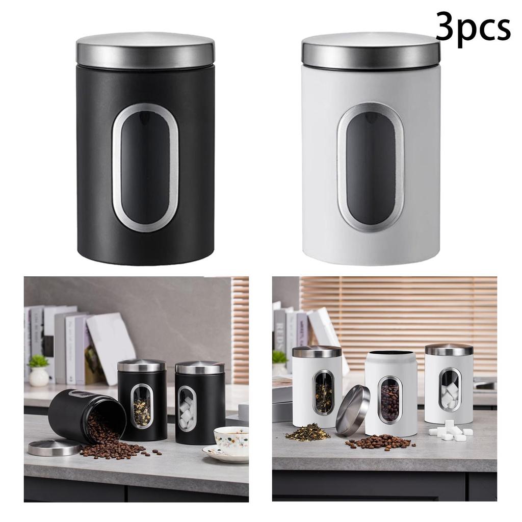 3 Pieces Stainless Steel Kitchen Storage Canister Set Transparent Food Storage Jars