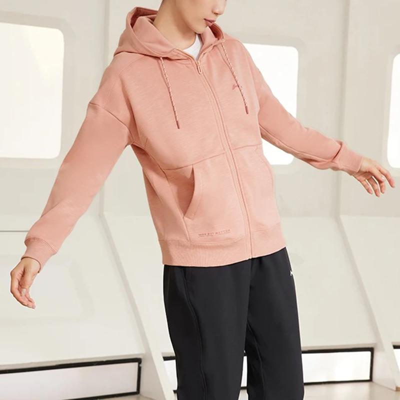 Li Ning Fitness Series Casual Fleece Loose Hooded Cardigan Sweatshirt Women Sweatshirt Sugar-Coffee AWDR884-2