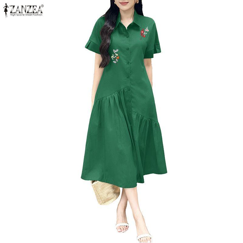 ZANZEA Women Casual Turn Down Collar Floral Embroidery Summer Short Sleeve Dress