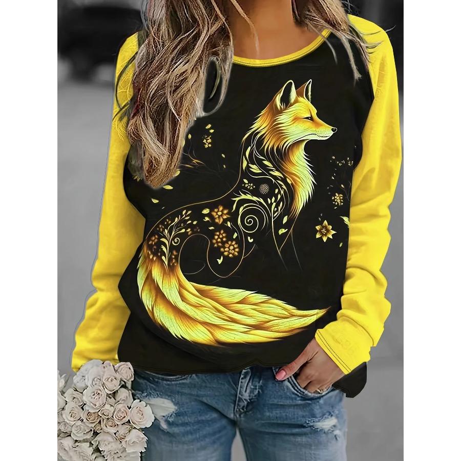 Women's 2024 Sleeves Stitching Fox Print Round Neck Long Sleeve Party Autumn Casual Pullover 3d Printing Casual Fashion Tops