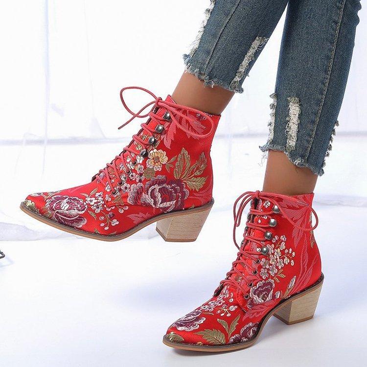 Fashion 2025 Med Thick Heel Ankle Boot Comfort Autumn Winter Ankle Boots Retro Short Booties Women Embroidery Flowe Botas Big Size 43