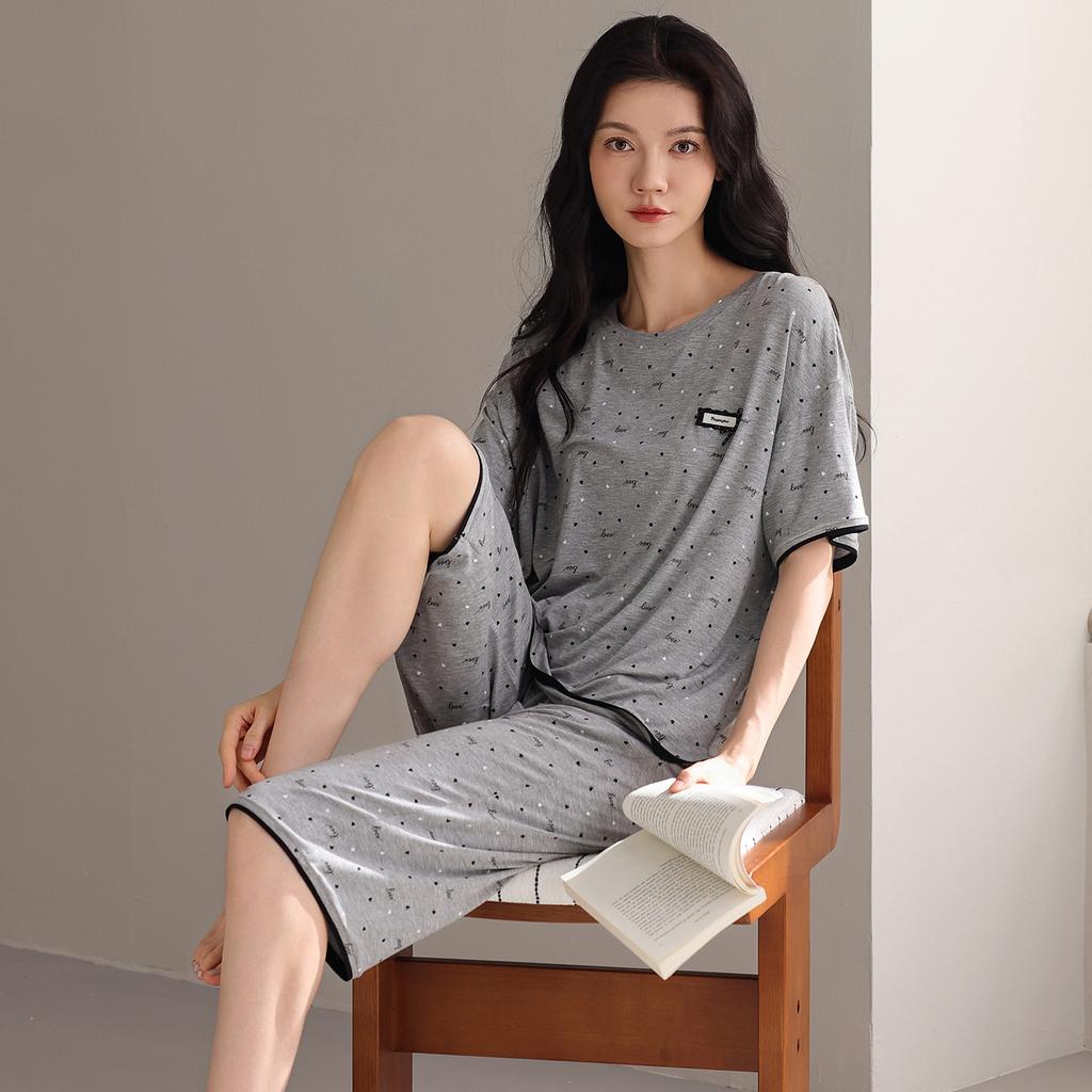 Pajamas Women's 1011 New Summer Pure Cotton with Chest Pad Summer Short-sleeved Cropped Pants Thin Wave Point Loungewear Set