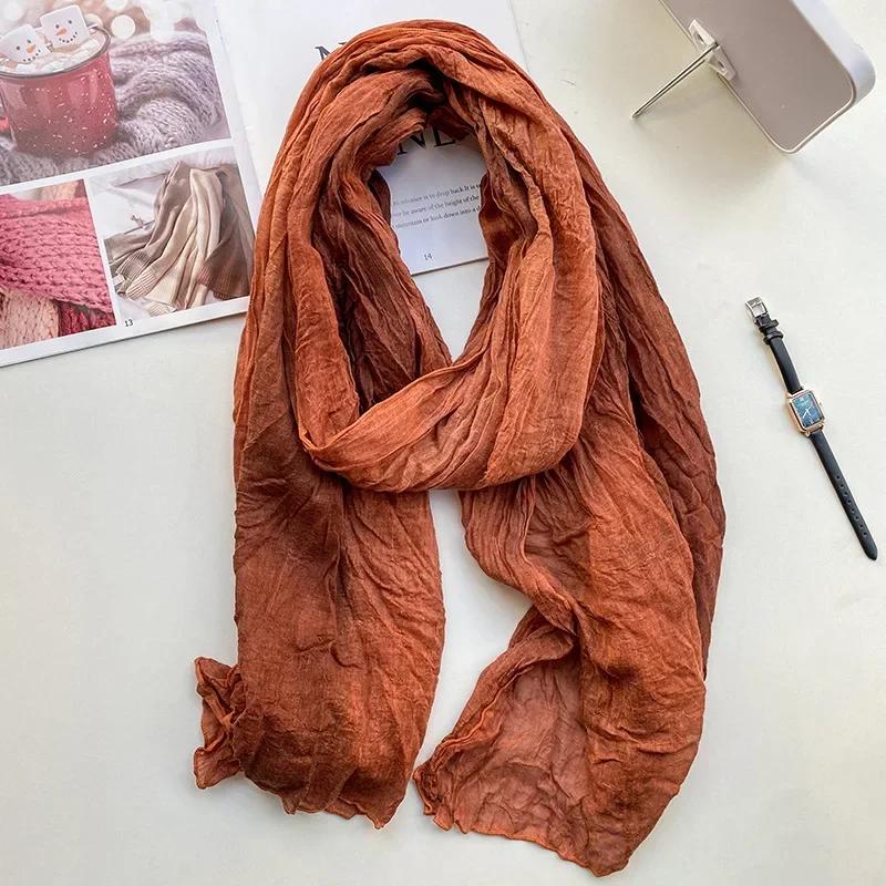 Retro Ethnic Style Cotton and Linen Scarf Women's Tie Dye Long Pleated Gradient Shawl Korean Artistic Fresh Fashion Trends