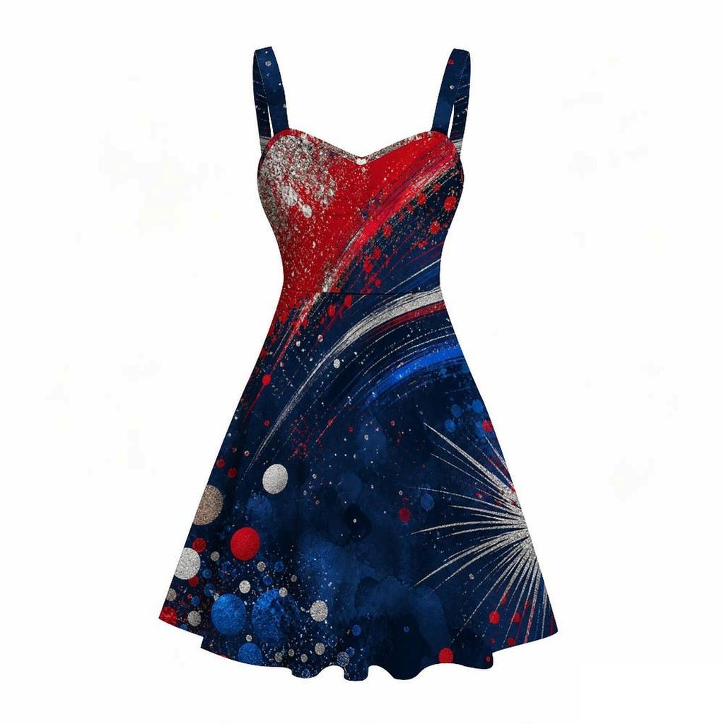 Women Plus Size Off Shoulder Strappy Sleeveless Dress Red White Blue Star Printed Fitted Waist Flared Hem