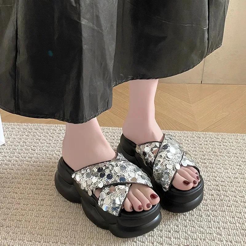 8CM Bling Woman Platform Sandals Ladies Elegant Beach Women's Shoes Flats Summer Sandals Women Designer Shoes Girls Slippers