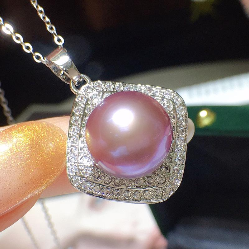 18K Gold Plated Freshwater Pearl Pendant for Women, Large Round, High Luster, Double Row Diamond Micro-Set, Fashionable Style 202.