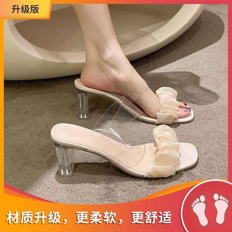 Sandals Women's Outer Wear Summer New 2025 Crystal Transparent Thick Heel French Sandals Slippers Summer High Heels Women