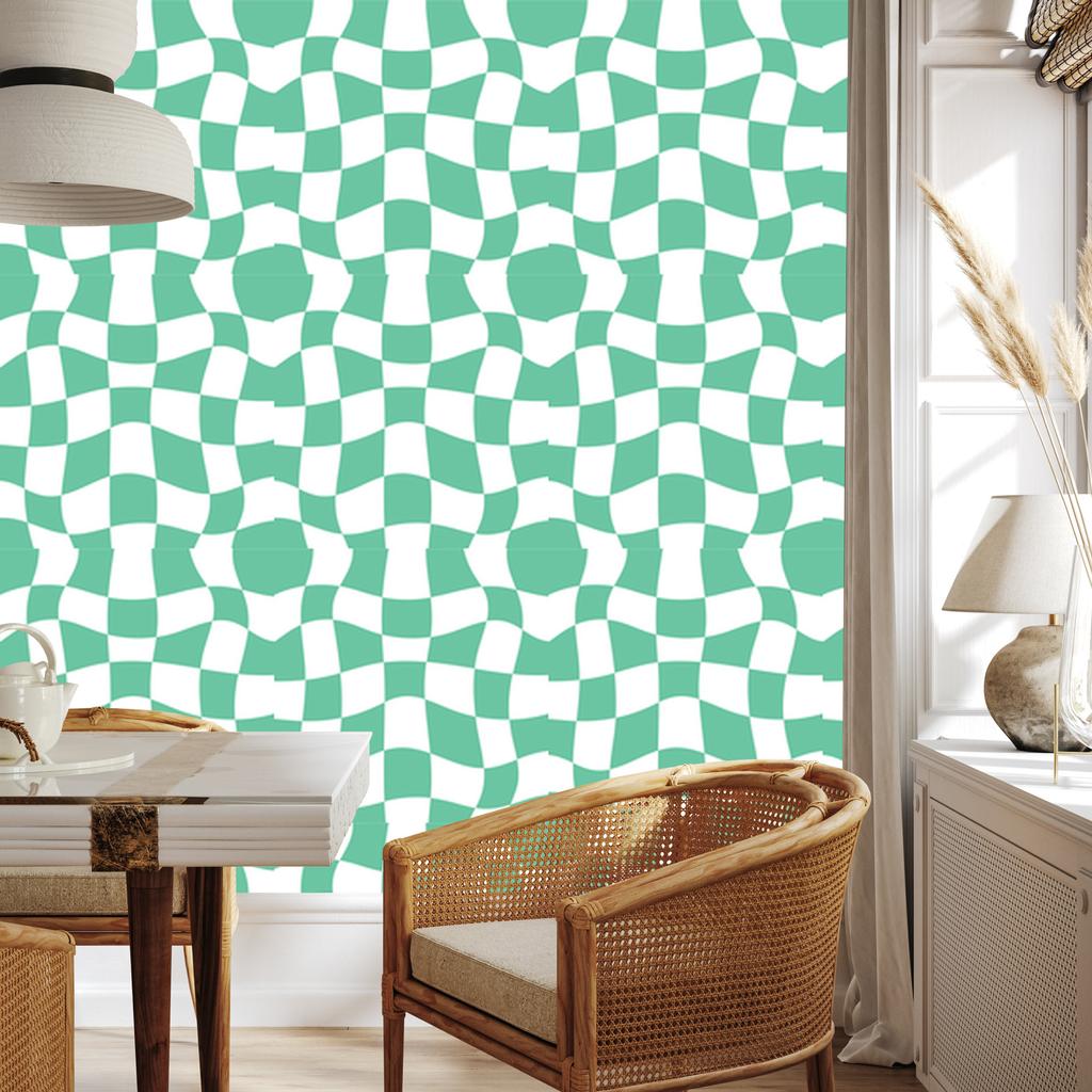Casual Checkerboard Wallpaper White and Sea Blue for Living Room and Bedroom 50x1000