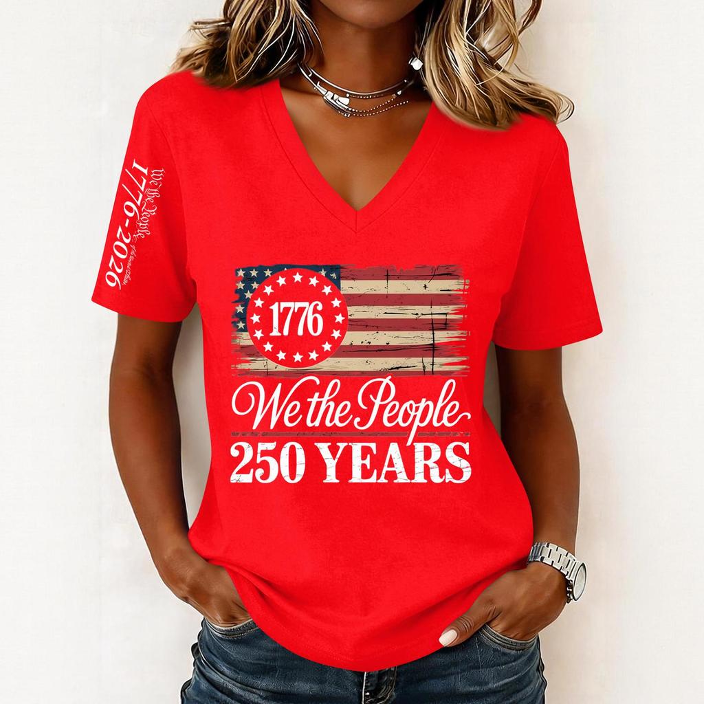 Women’s Fashion Casual Short Sleeve V Neck Pullover Top with 1776 and We the People 250 Years Graphic Print for Everyday Wear