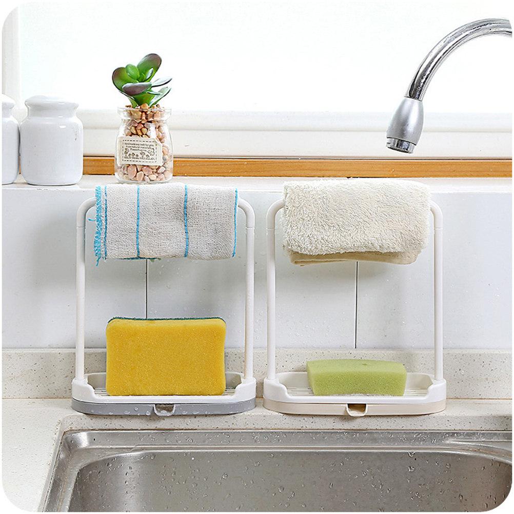Plastic Countertop Dishcloth Drying Rack with U-Shaped Towel Bar Slotted Soap Plate Side Drain Spout Easy Clean Beige Kitchen