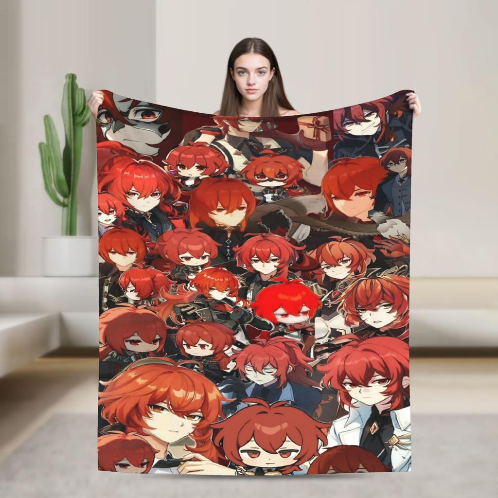 Genshin Impact Diluc Game Warm Soft Blanket Camping Plush Throw Blanket Graphic Bedroom Flannel Bedspread Sofa Bed Cover