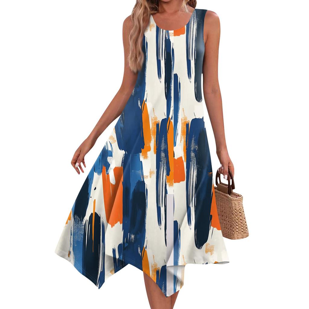 Women's Casual Fashion Round Neck Sleeveless Print Irregular Hem Midi Dress Hem Midi Dress