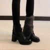 Cowhide Version~ Commuter Style Small High-heeled Martin Boots Women's Retro Temperament Round Head Lace-up Rear Zipper Small Short Boots