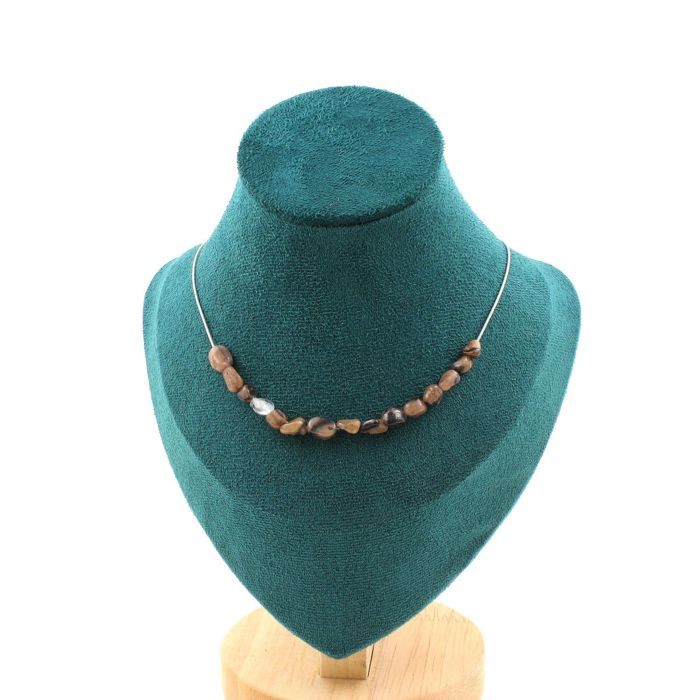 Pierres et Minéraux. Collier 15 perles Andalousite des USA. Chaine en acier inoxydable Collier femmes, hommes. Taille personnalisab