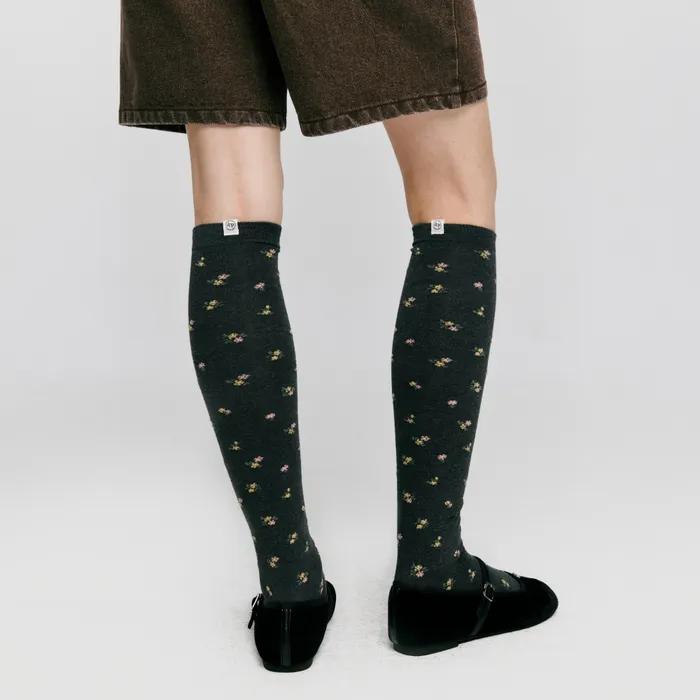 flower pattern knee socks - charcoal