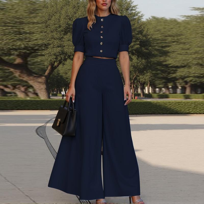 ZANZEA Women Puff Short Sleeve Blouse and Wide Leg Pants Summer Two Piece Suit Sets