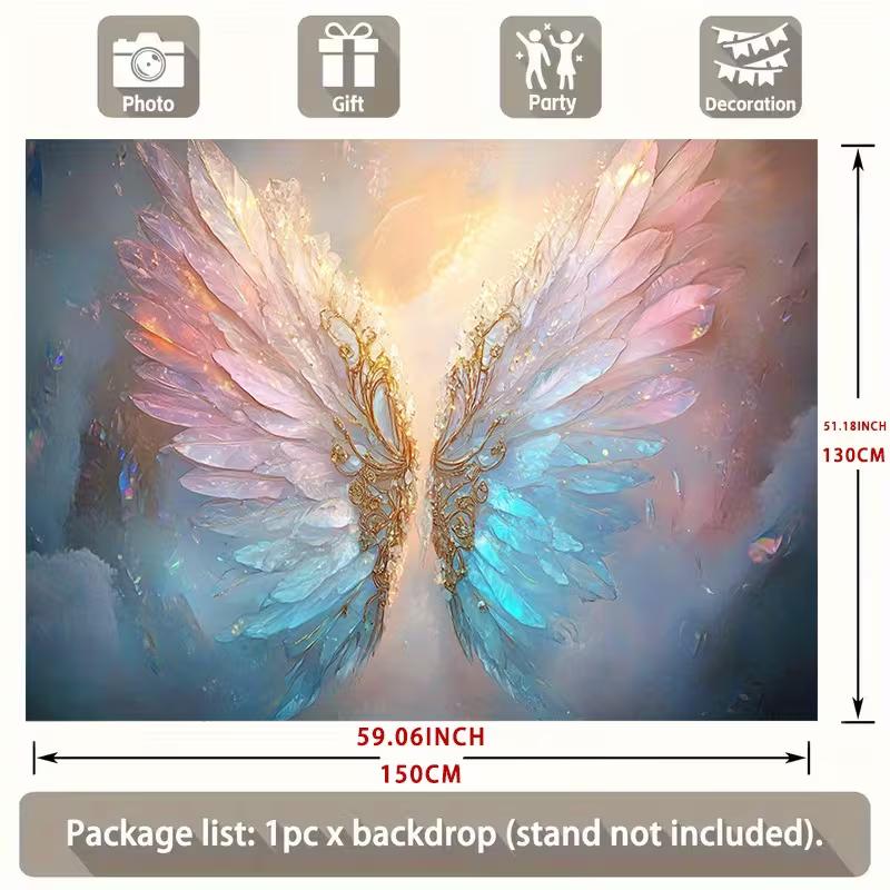 2D Magical Pastel Angel Wings Wall Tapestry, Sparkling Fantasy Feather Scene Backdrop for Living Room