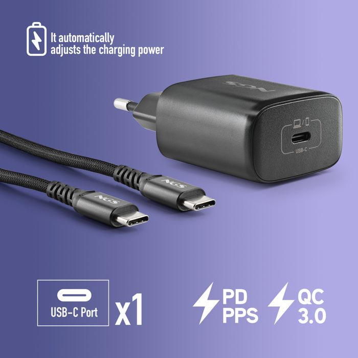 NGS BUD 45W-C : adaptateur secteur de 45W avec 1 sortie USB-C (PD & PPS) et câble de 1,5 mètre inclus. Compact. GaN. Chargement rapi