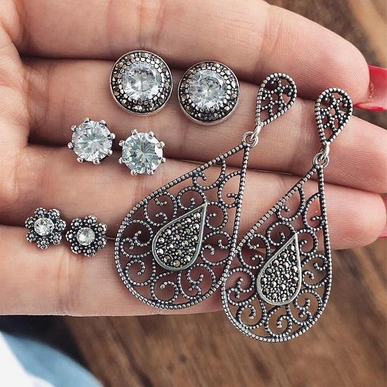2 Style Vintage Stainless Natural Crystal Stud Earring Set Hypoallergenicearrings Jewelry Gifts
